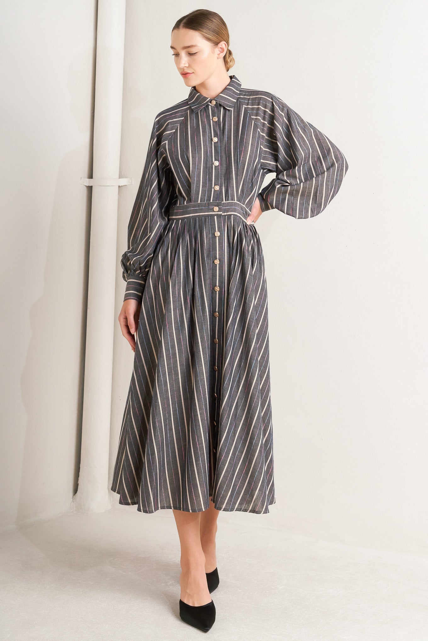 What I Feel Striped Woven Midi Dress Button Down Collar Flying Tomato